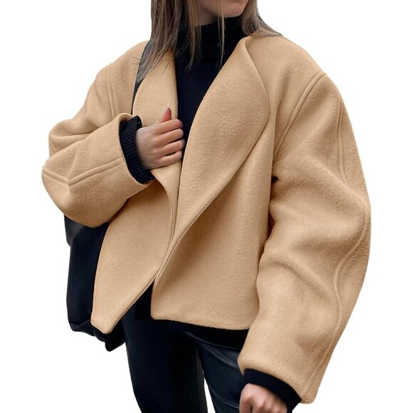Women's Camel Tankaneo Oversized Cropped Pea Coat Lapel Open Front Winter Jacket - Picture 1 of 6